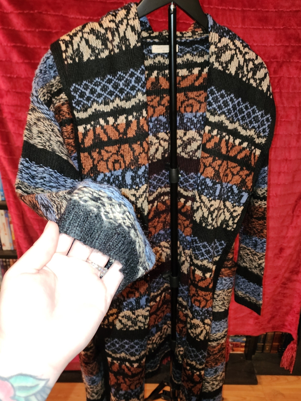 Open-Front Patterned Cardigan Sweater - Black, Brown, Blue